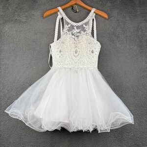 Juliet Womens XS White Lace Rhinestone Embellished Tulle Mini Dress Homecoming